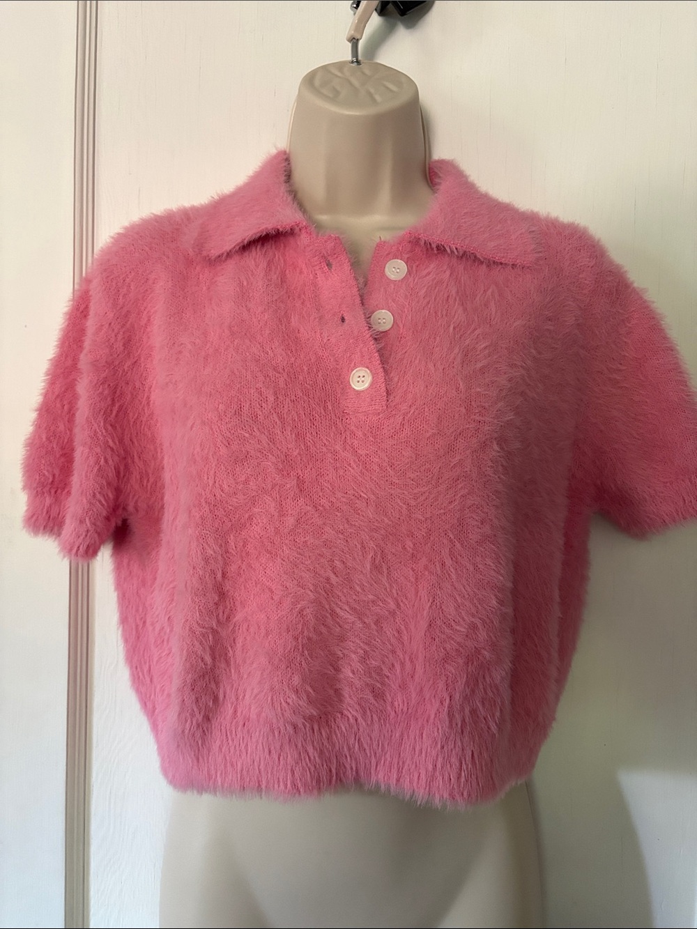 Pink Eyelash Cropped Sweater